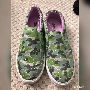 Justice Camo Rhinstone Loafers. Size 6